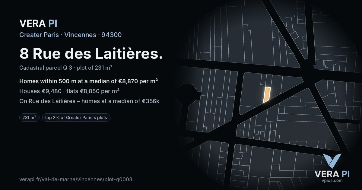 8 Rue des Laitières, Vincennes at night – the plot lit, the parcels around coloured by the prices near them