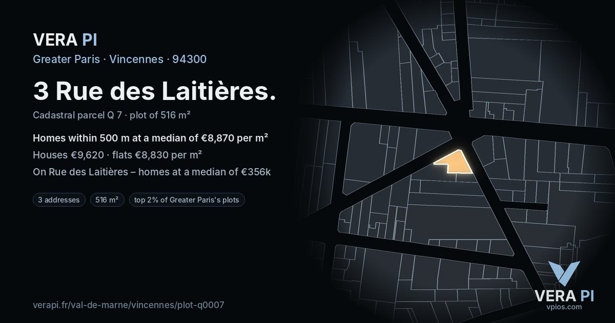 3 Rue des Laitières, Vincennes at night – the plot lit, the parcels around coloured by the prices near them