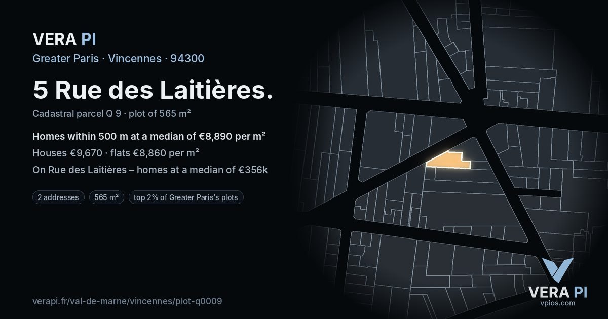 5 Rue des Laitières, Vincennes at night – the plot lit, the parcels around coloured by the prices near them