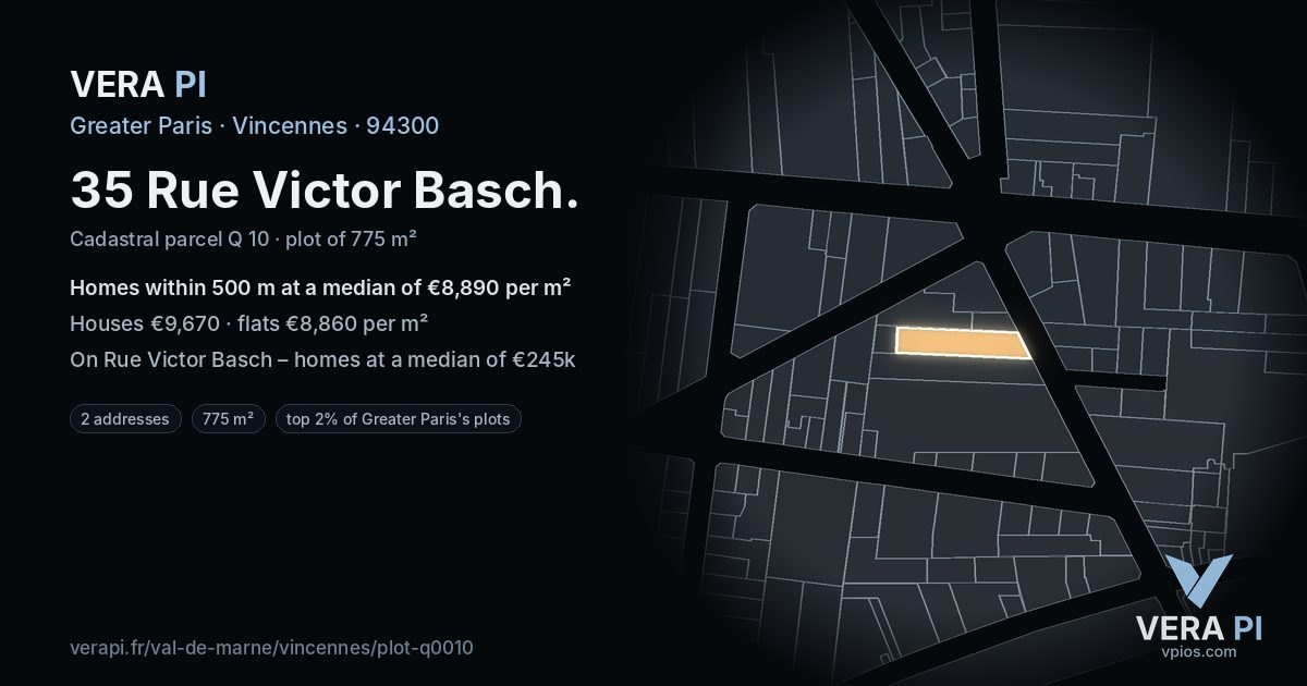 35 Rue Victor Basch, Vincennes at night – the plot lit, the parcels around coloured by the prices near them