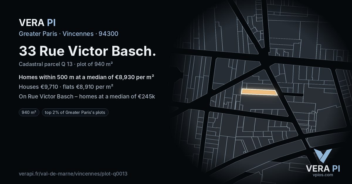 33 Rue Victor Basch, Vincennes at night – the plot lit, the parcels around coloured by the prices near them