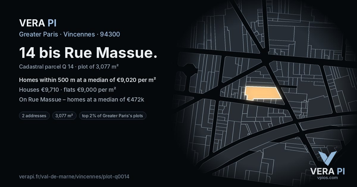 14 bis Rue Massue, Vincennes at night – the plot lit, the parcels around coloured by the prices near them