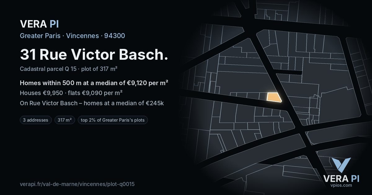 31 Rue Victor Basch, Vincennes at night – the plot lit, the parcels around coloured by the prices near them