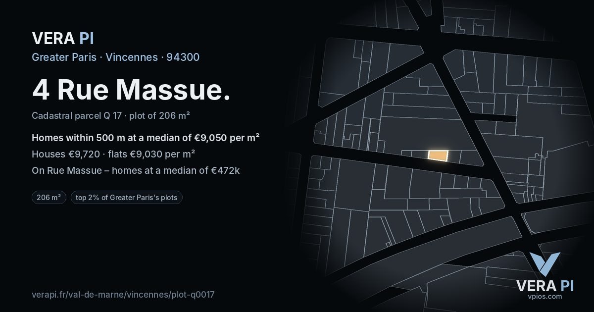 4 Rue Massue, Vincennes at night – the plot lit, the parcels around coloured by the prices near them