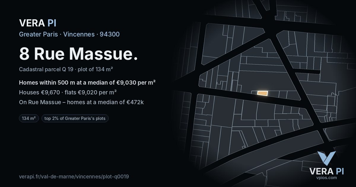 8 Rue Massue, Vincennes at night – the plot lit, the parcels around coloured by the prices near them