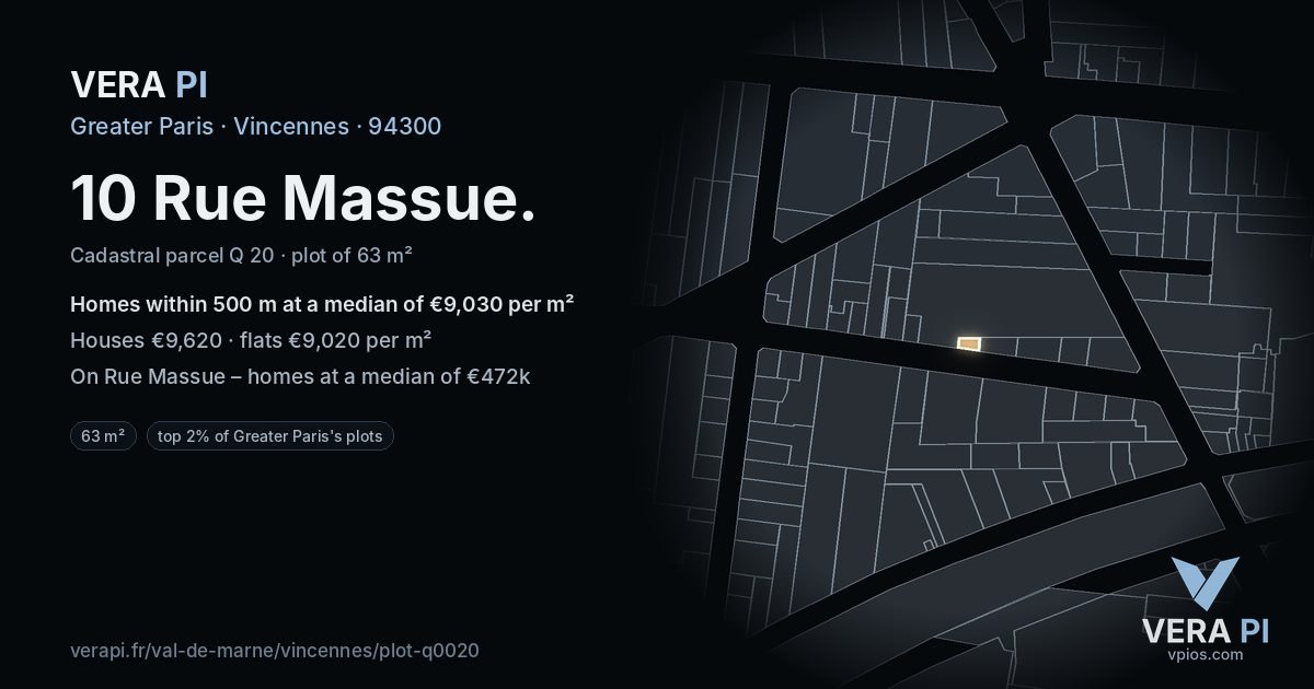 10 Rue Massue, Vincennes at night – the plot lit, the parcels around coloured by the prices near them