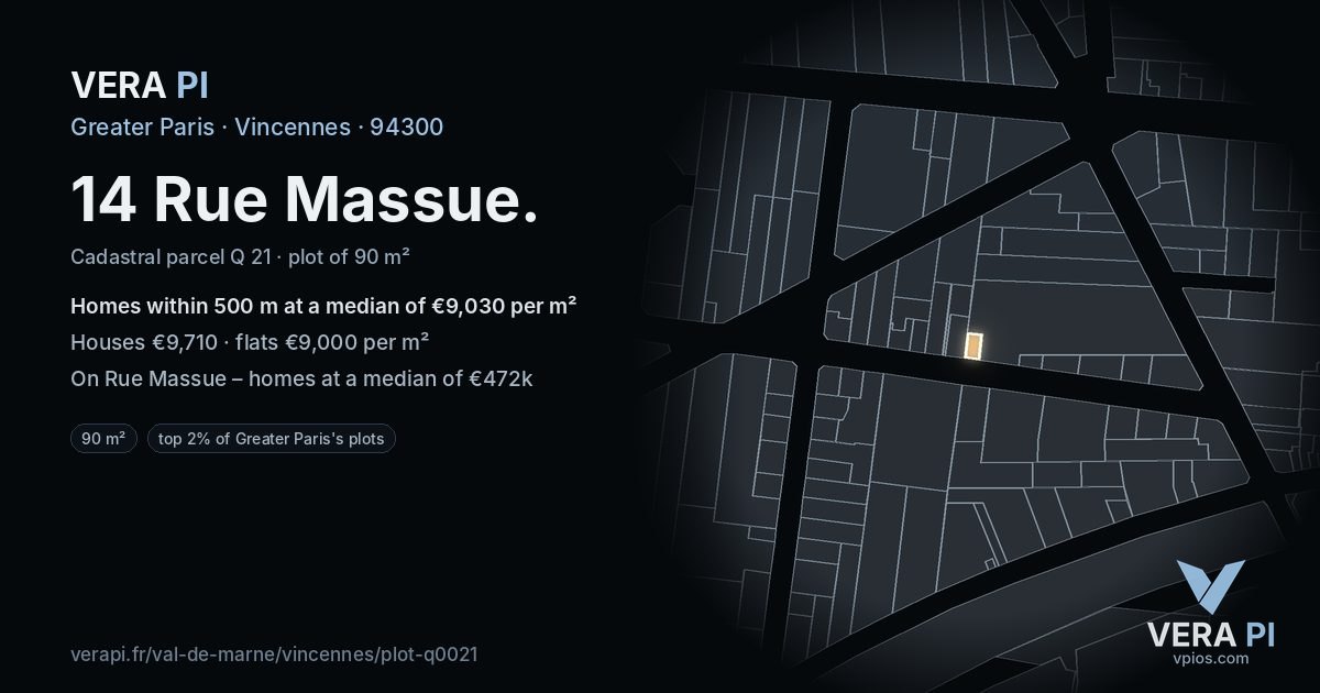 14 Rue Massue, Vincennes at night – the plot lit, the parcels around coloured by the prices near them