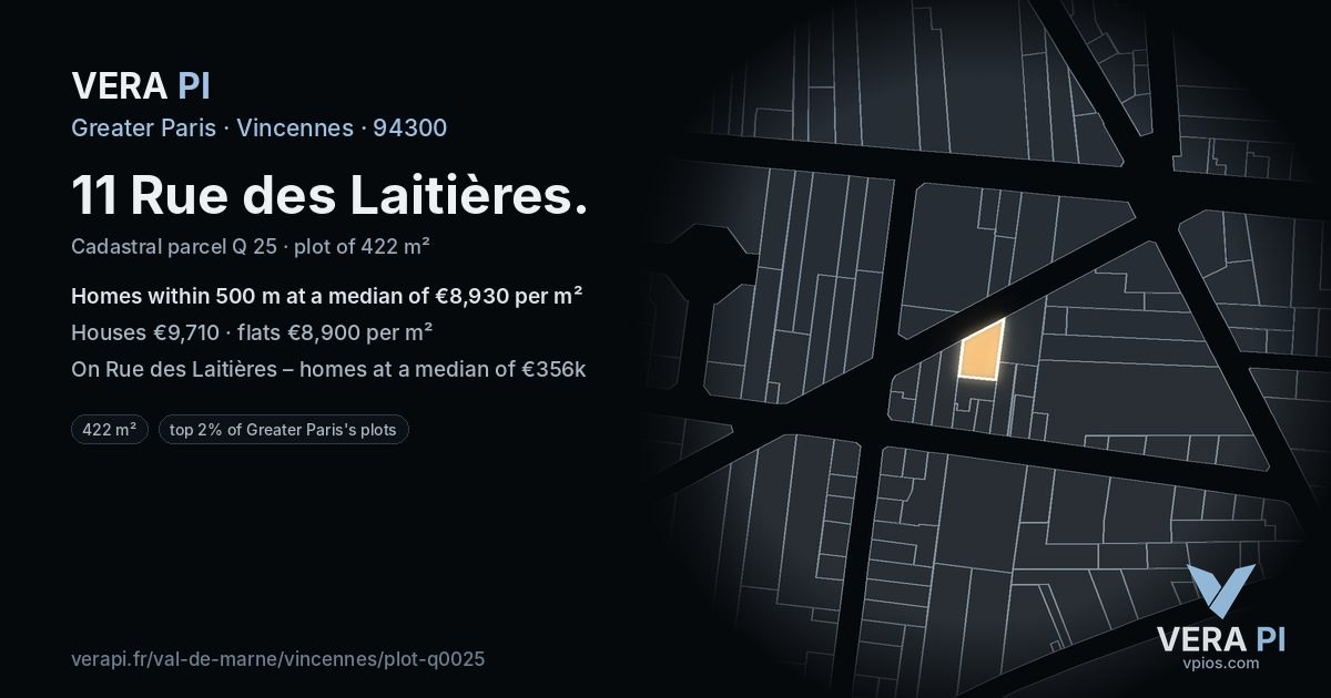 11 Rue des Laitières, Vincennes at night – the plot lit, the parcels around coloured by the prices near them