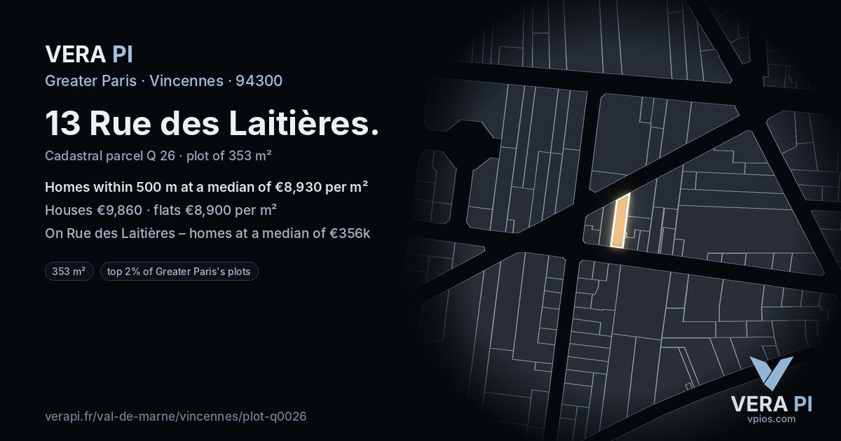 13 Rue des Laitières, Vincennes at night – the plot lit, the parcels around coloured by the prices near them