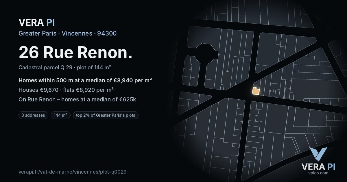 26 Rue Renon, Vincennes at night – the plot lit, the parcels around coloured by the prices near them