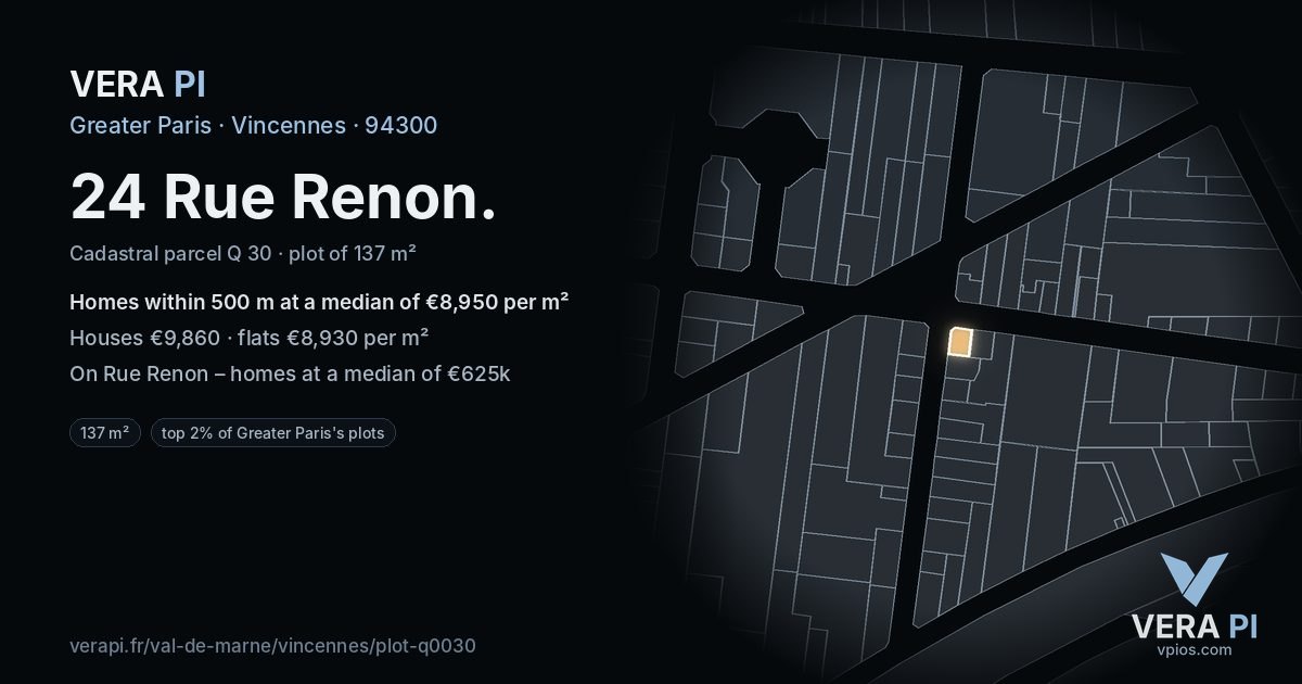 24 Rue Renon, Vincennes at night – the plot lit, the parcels around coloured by the prices near them