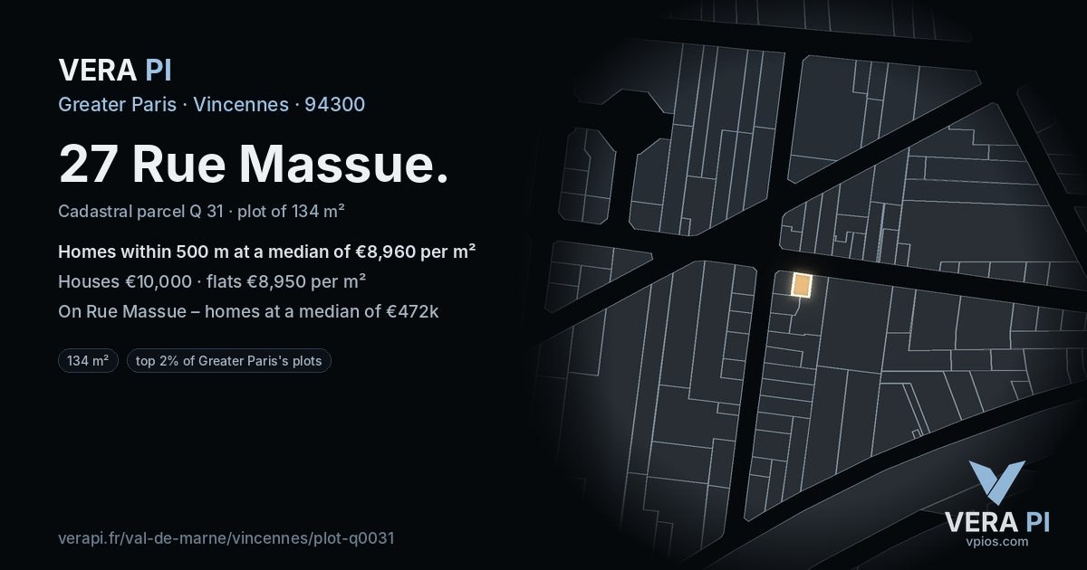 27 Rue Massue, Vincennes at night – the plot lit, the parcels around coloured by the prices near them