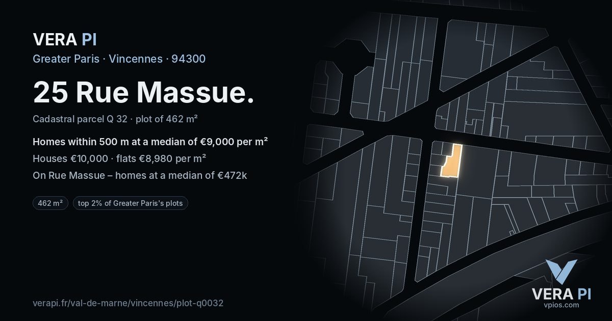 25 Rue Massue, Vincennes at night – the plot lit, the parcels around coloured by the prices near them