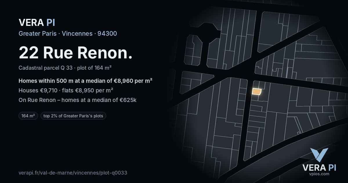 22 Rue Renon, Vincennes at night – the plot lit, the parcels around coloured by the prices near them