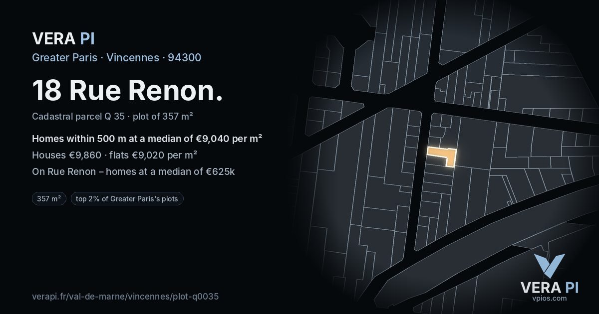 18 Rue Renon, Vincennes at night – the plot lit, the parcels around coloured by the prices near them