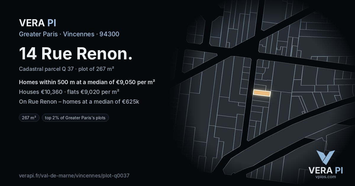 14 Rue Renon, Vincennes at night – the plot lit, the parcels around coloured by the prices near them