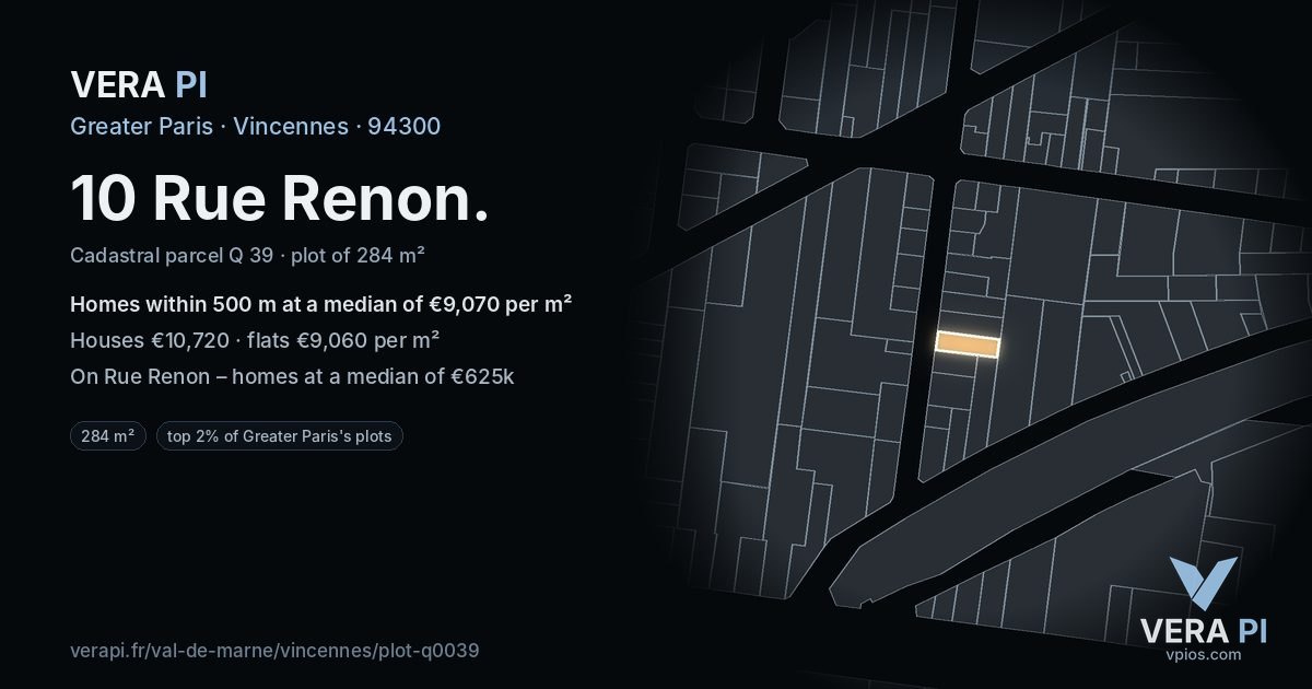 10 Rue Renon, Vincennes at night – the plot lit, the parcels around coloured by the prices near them