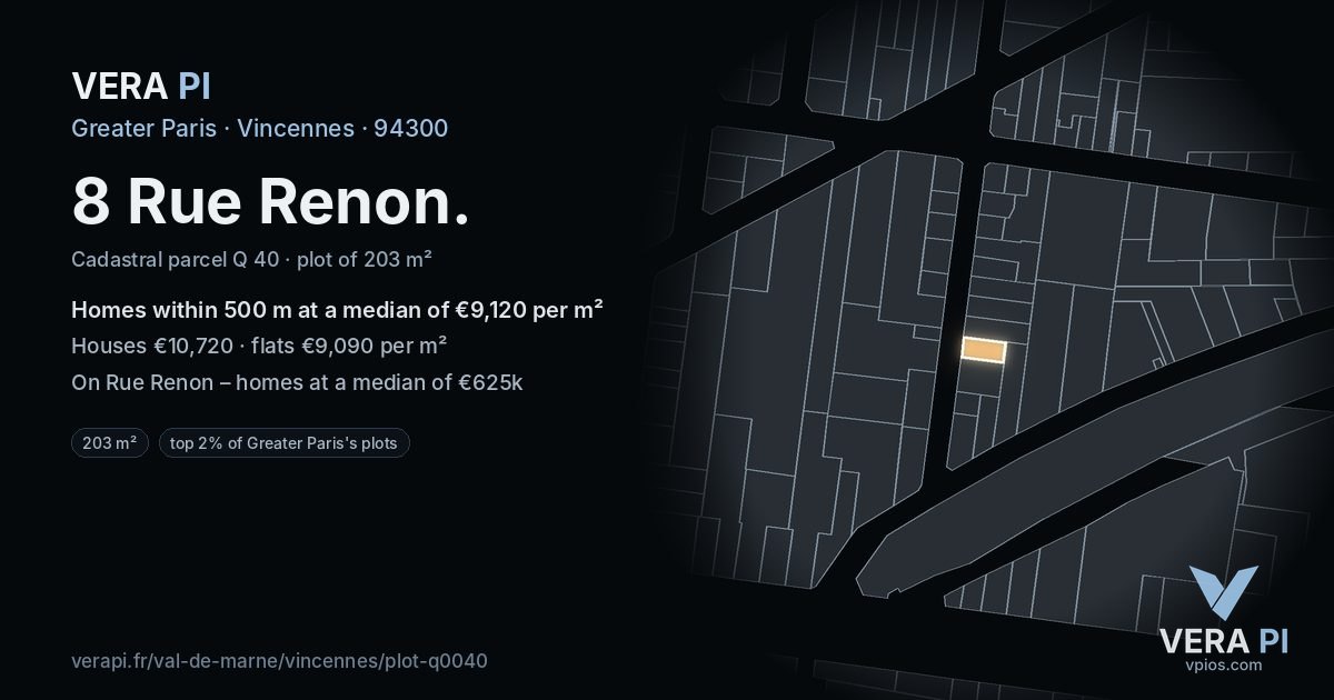 8 Rue Renon, Vincennes at night – the plot lit, the parcels around coloured by the prices near them