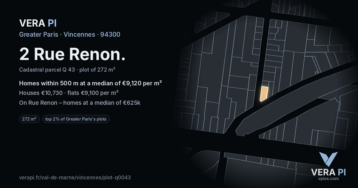 2 Rue Renon, Vincennes at night – the plot lit, the parcels around coloured by the prices near them