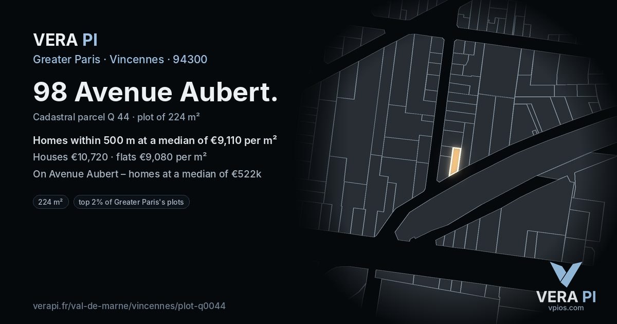 98 Avenue Aubert, Vincennes at night – the plot lit, the parcels around coloured by the prices near them