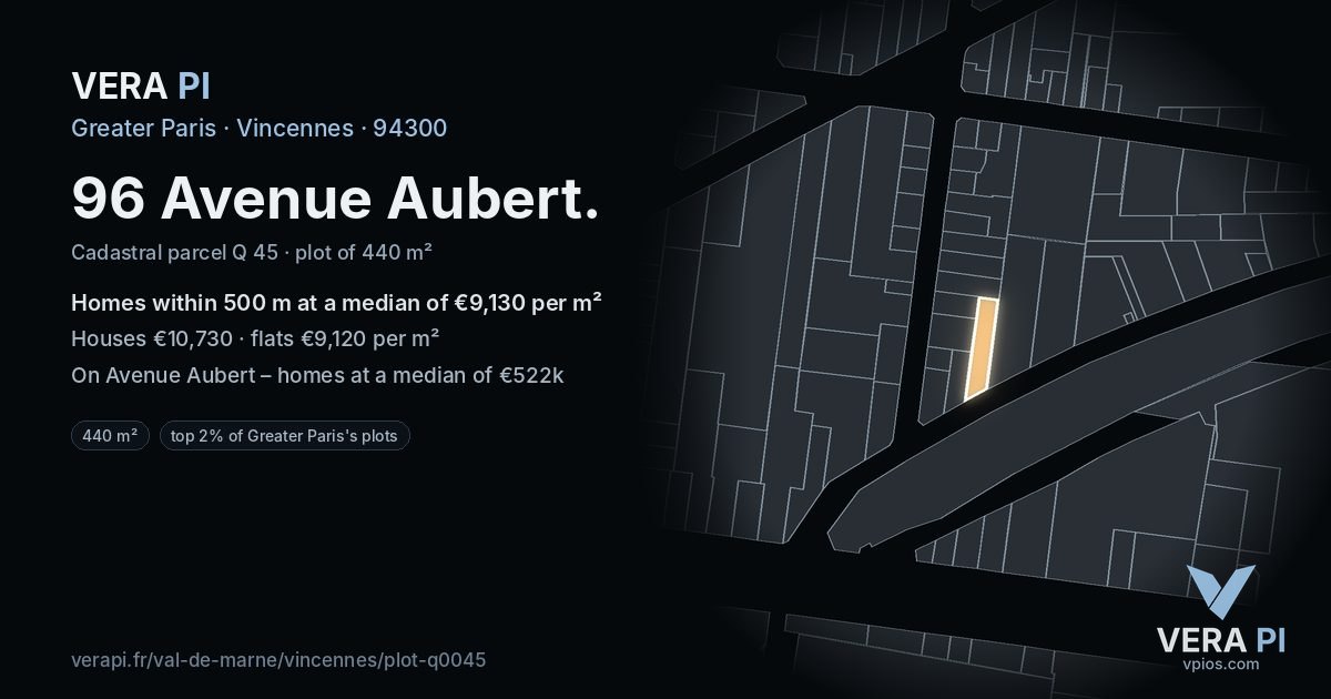 96 Avenue Aubert, Vincennes at night – the plot lit, the parcels around coloured by the prices near them