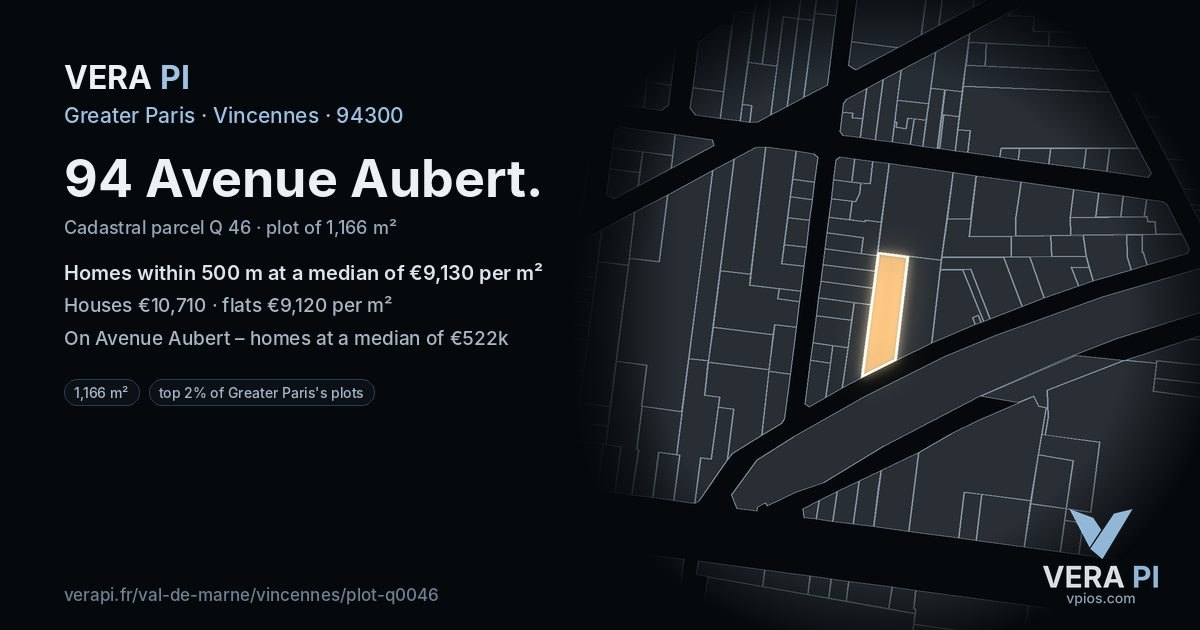 94 Avenue Aubert, Vincennes at night – the plot lit, the parcels around coloured by the prices near them