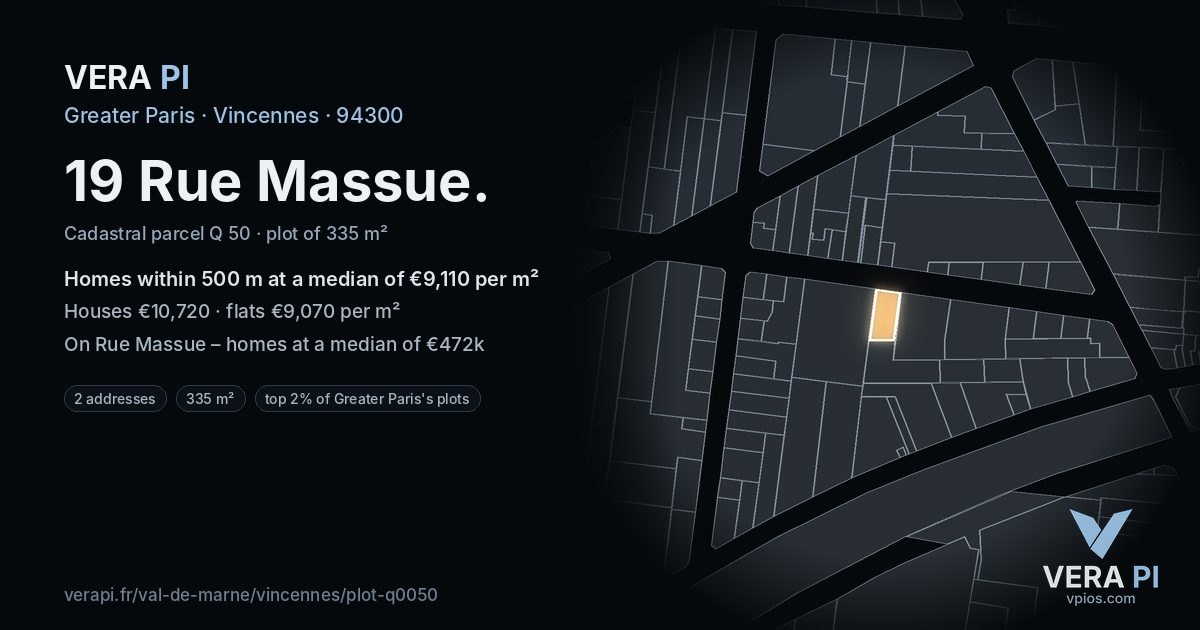 19 Rue Massue, Vincennes at night – the plot lit, the parcels around coloured by the prices near them