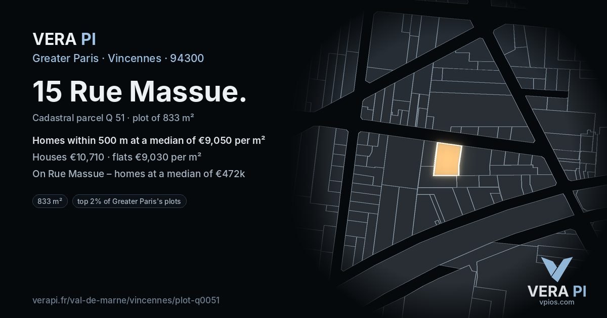 15 Rue Massue, Vincennes at night – the plot lit, the parcels around coloured by the prices near them