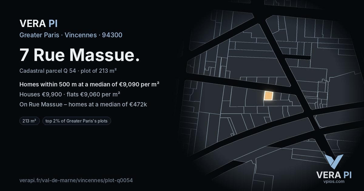 7 Rue Massue, Vincennes at night – the plot lit, the parcels around coloured by the prices near them