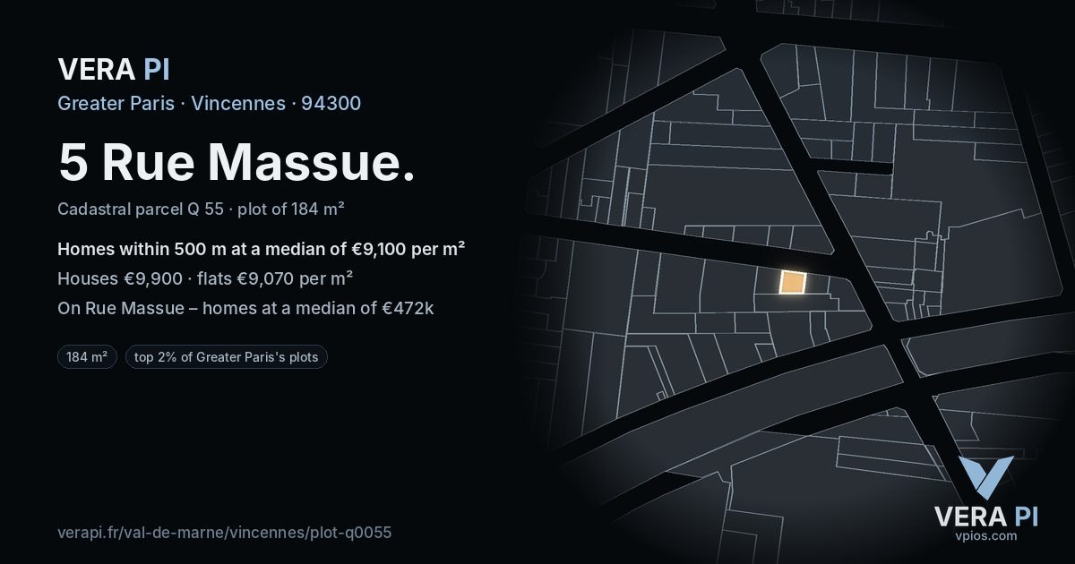 5 Rue Massue, Vincennes at night – the plot lit, the parcels around coloured by the prices near them