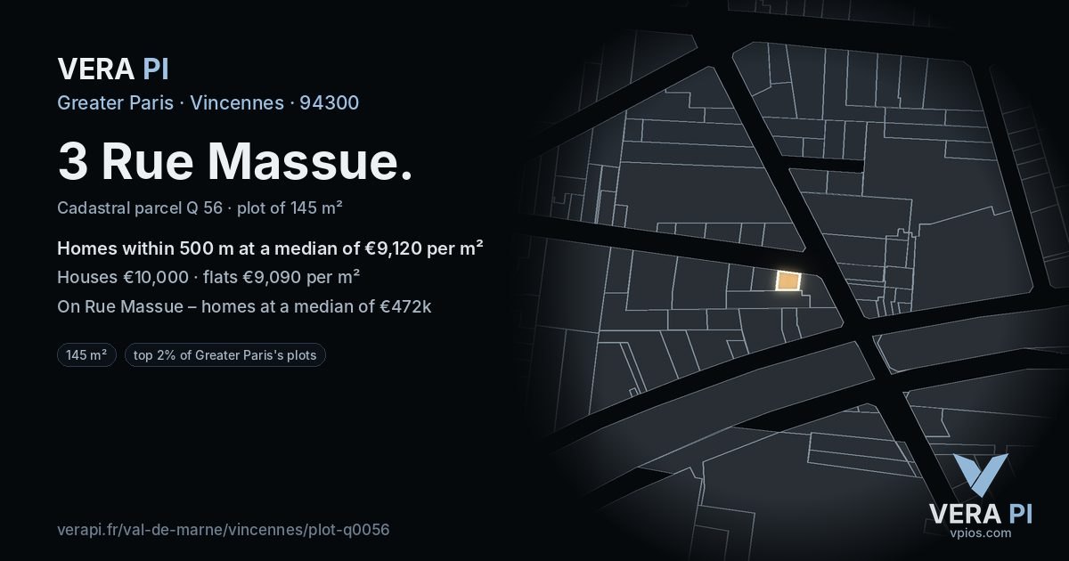 3 Rue Massue, Vincennes at night – the plot lit, the parcels around coloured by the prices near them