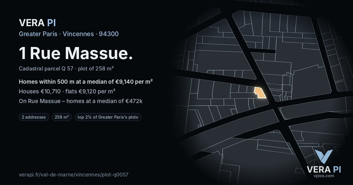 1 Rue Massue, Vincennes at night – the plot lit, the parcels around coloured by the prices near them