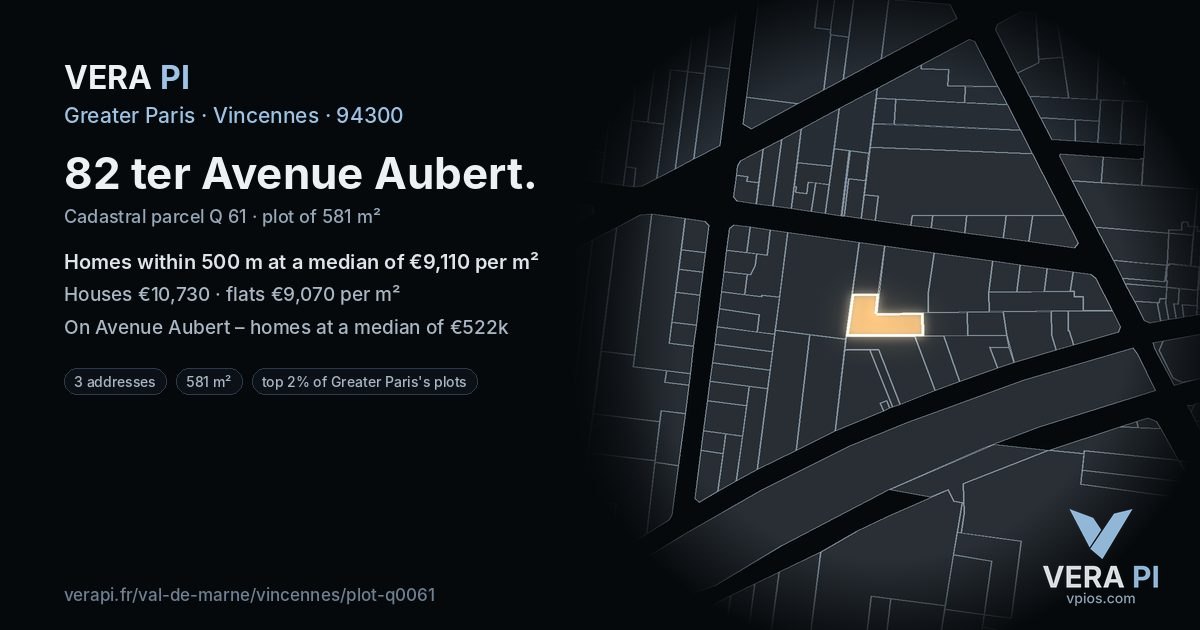 82 ter Avenue Aubert, Vincennes at night – the plot lit, the parcels around coloured by the prices near them