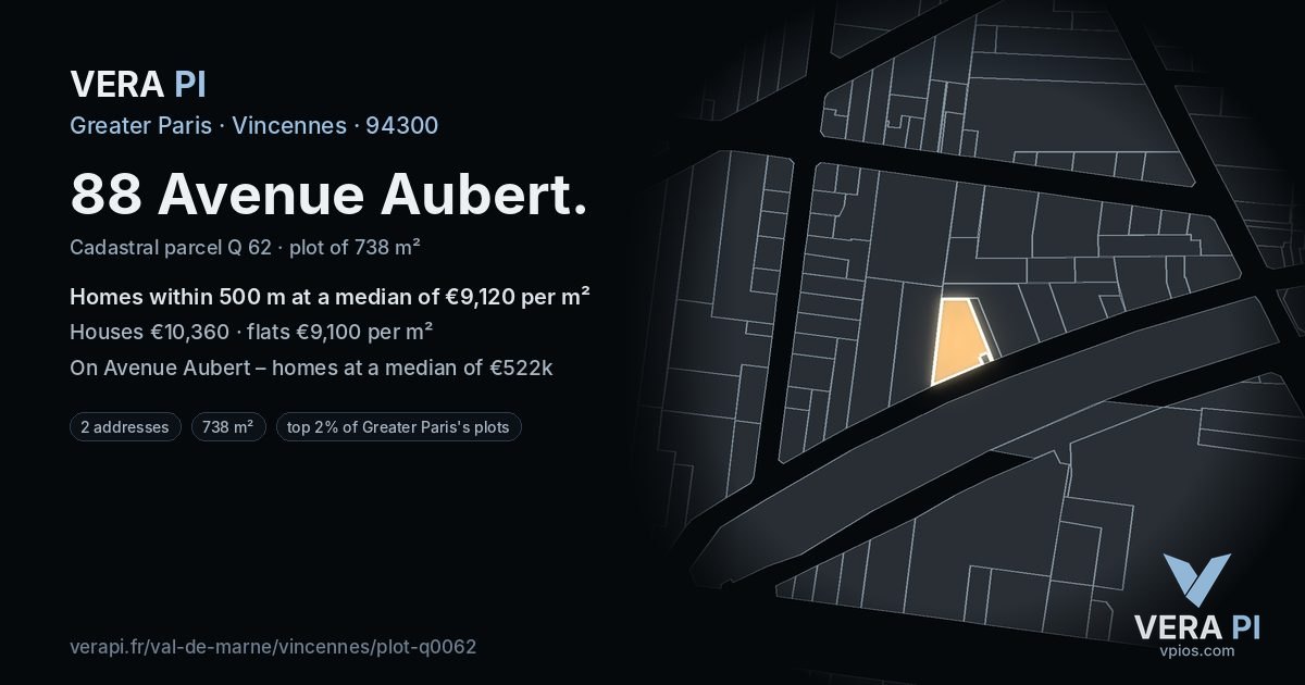 88 Avenue Aubert, Vincennes at night – the plot lit, the parcels around coloured by the prices near them