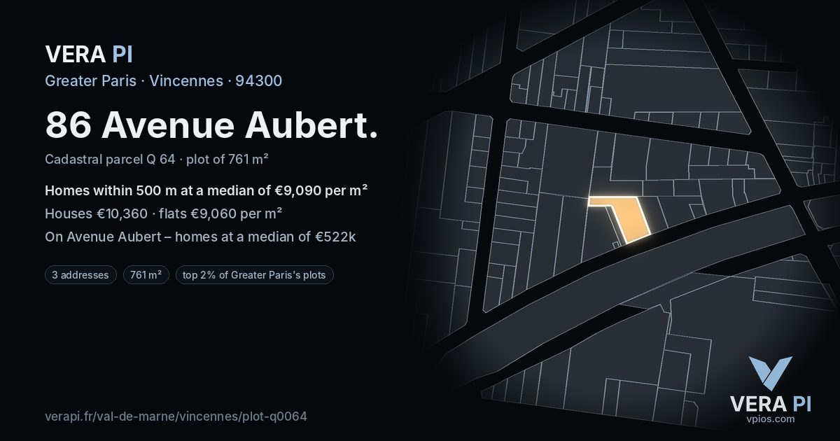 86 Avenue Aubert, Vincennes at night – the plot lit, the parcels around coloured by the prices near them