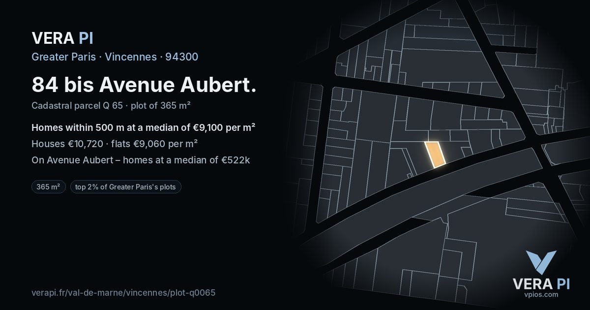 84 bis Avenue Aubert, Vincennes at night – the plot lit, the parcels around coloured by the prices near them