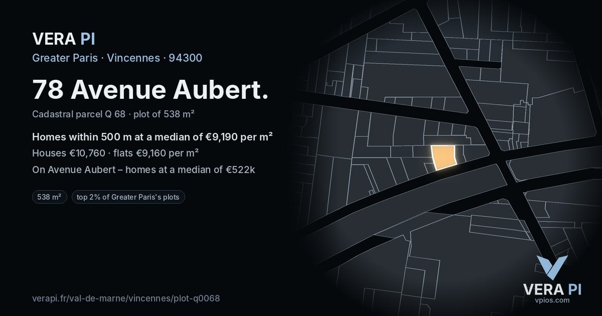 78 Avenue Aubert, Vincennes at night – the plot lit, the parcels around coloured by the prices near them