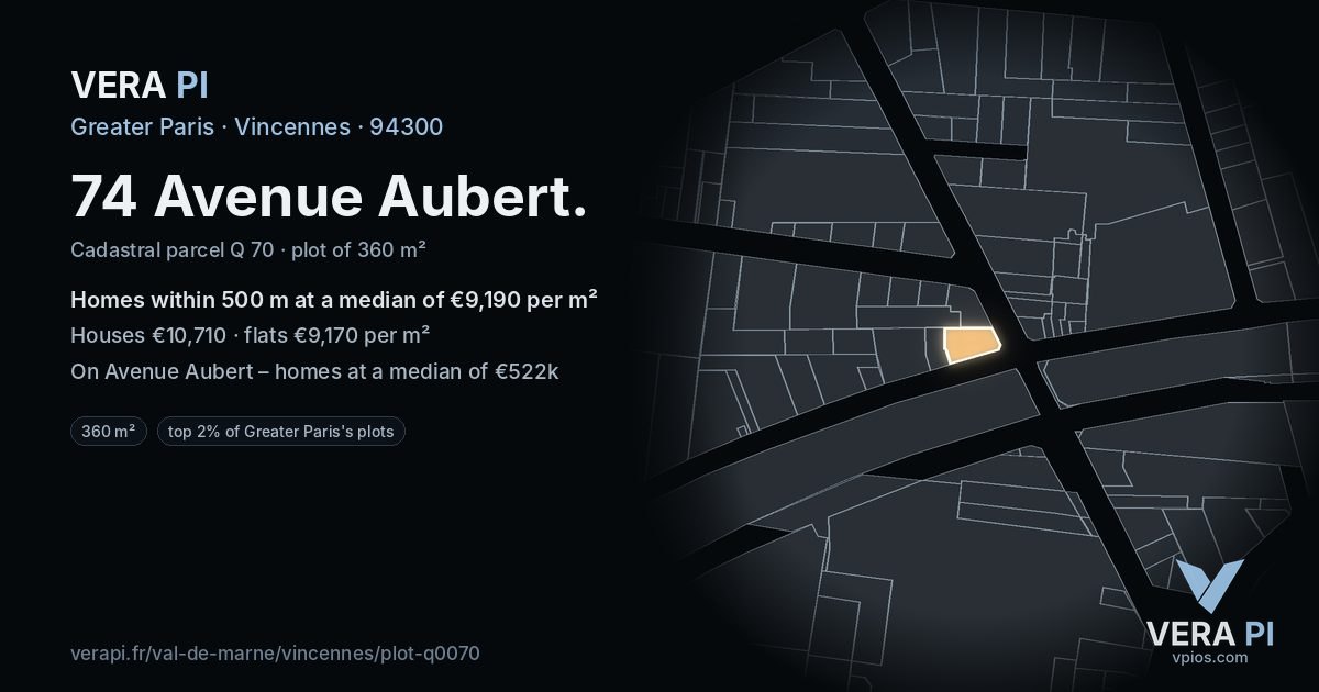 74 Avenue Aubert, Vincennes at night – the plot lit, the parcels around coloured by the prices near them
