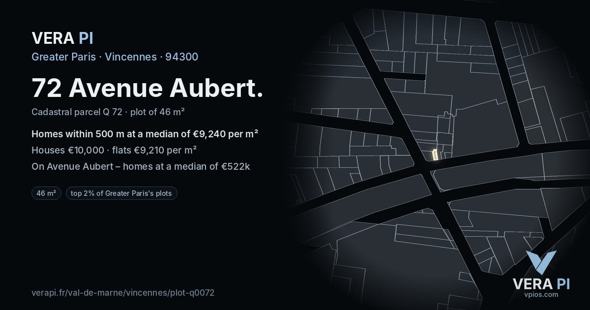 72 Avenue Aubert, Vincennes at night – the plot lit, the parcels around coloured by the prices near them