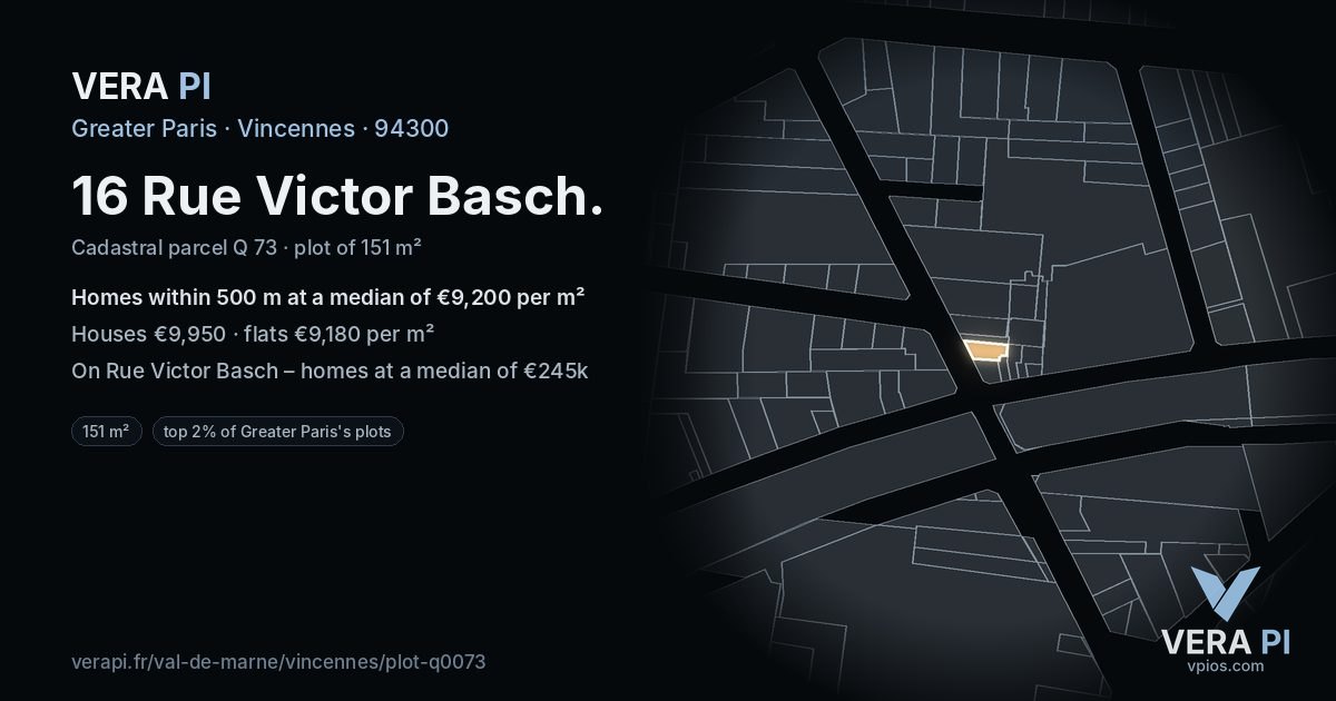 16 Rue Victor Basch, Vincennes at night – the plot lit, the parcels around coloured by the prices near them