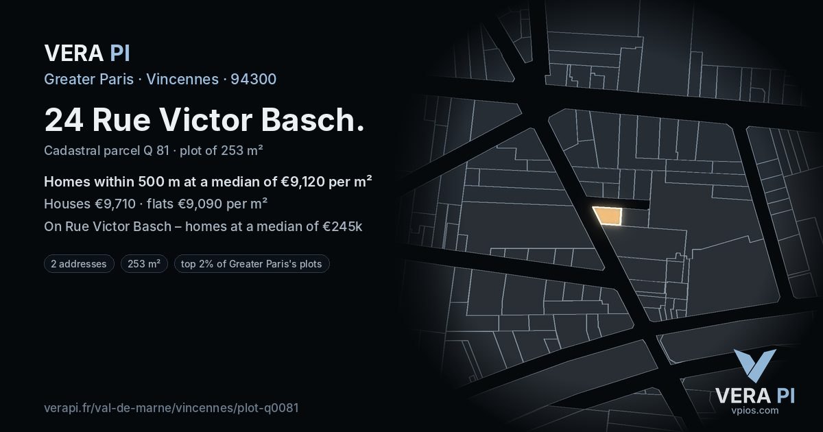 24 Rue Victor Basch, Vincennes at night – the plot lit, the parcels around coloured by the prices near them