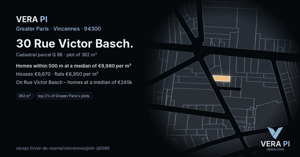 30 Rue Victor Basch, Vincennes at night – the plot lit, the parcels around coloured by the prices near them