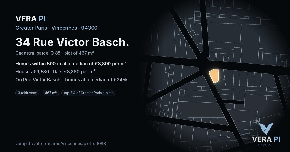 34 Rue Victor Basch, Vincennes at night – the plot lit, the parcels around coloured by the prices near them