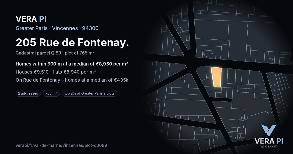 205 Rue de Fontenay, Vincennes at night – the plot lit, the parcels around coloured by the prices near them