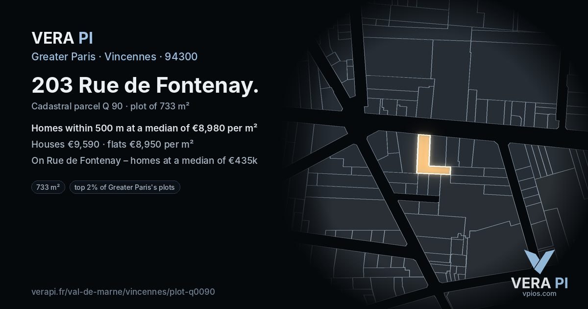 203 Rue de Fontenay, Vincennes at night – the plot lit, the parcels around coloured by the prices near them