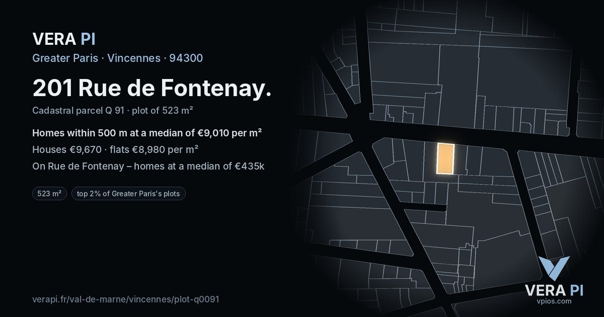 201 Rue de Fontenay, Vincennes at night – the plot lit, the parcels around coloured by the prices near them