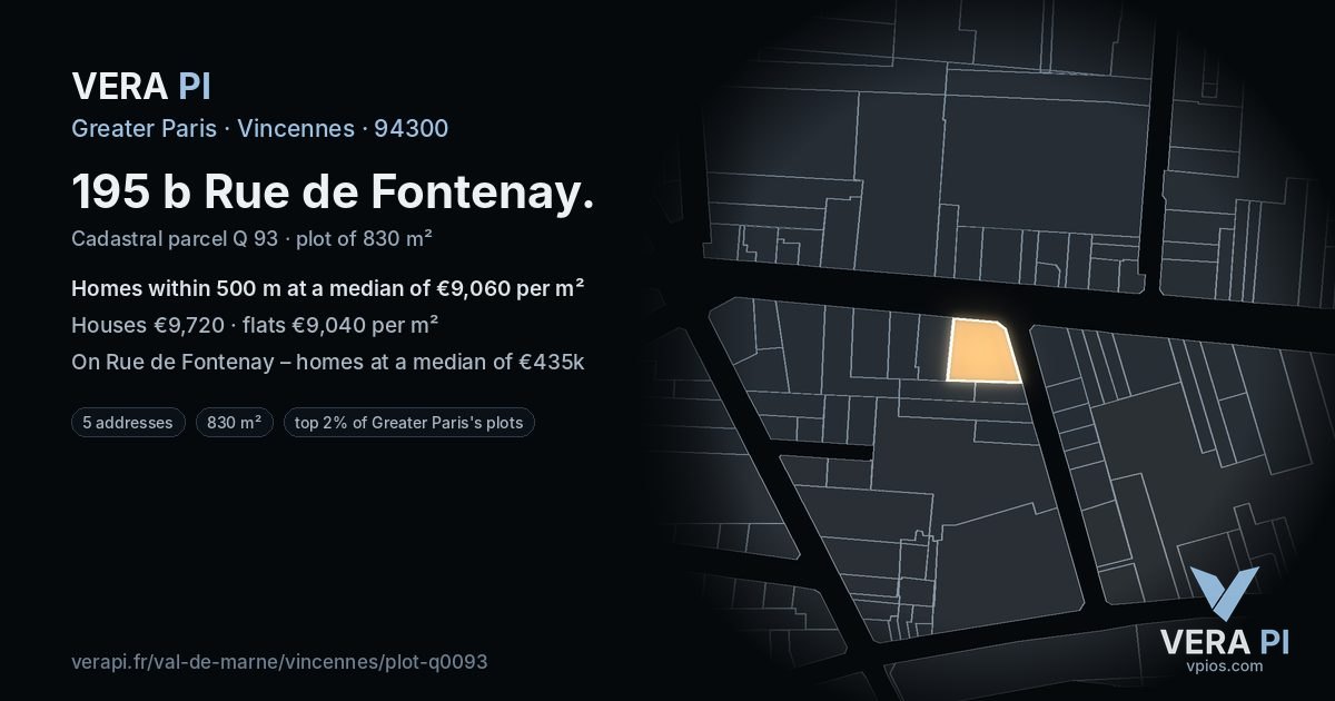 195 b Rue de Fontenay, Vincennes at night – the plot lit, the parcels around coloured by the prices near them