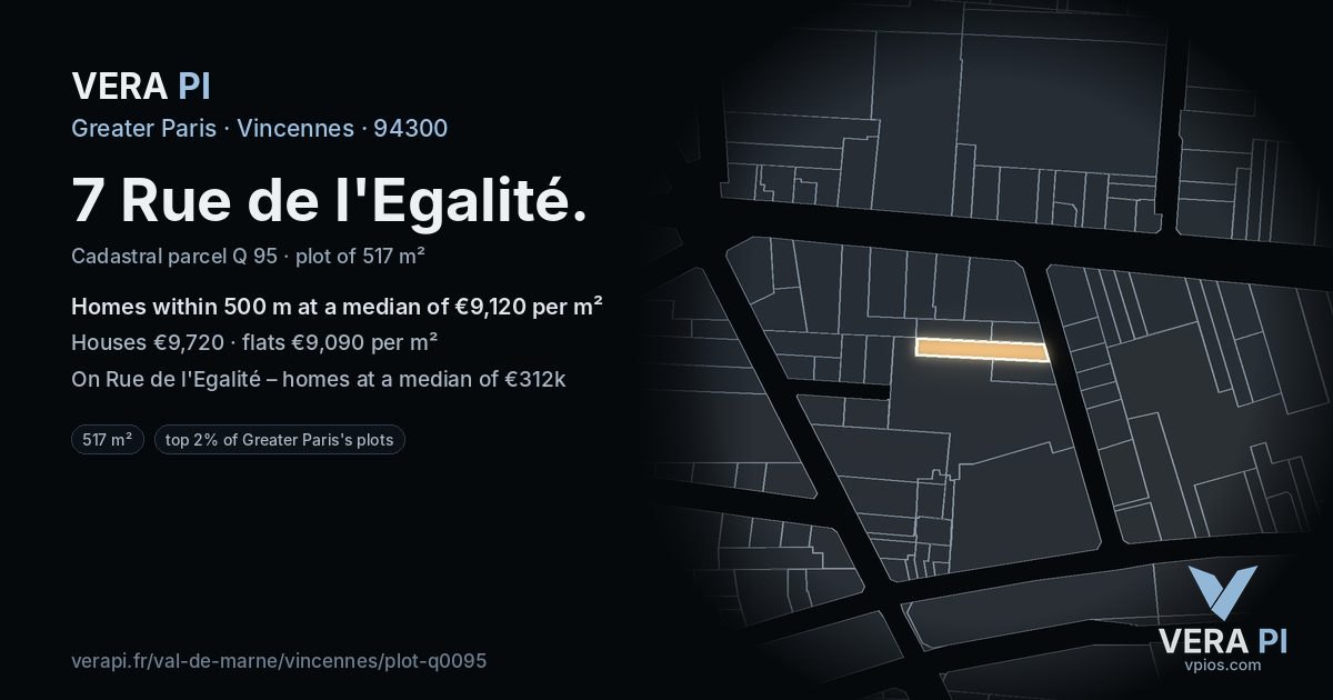 7 Rue de l'Egalité, Vincennes at night – the plot lit, the parcels around coloured by the prices near them
