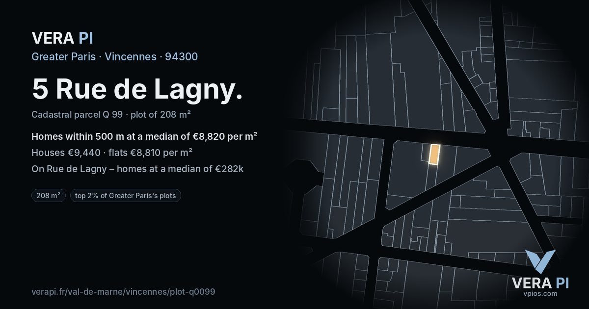 5 Rue de Lagny, Vincennes at night – the plot lit, the parcels around coloured by the prices near them