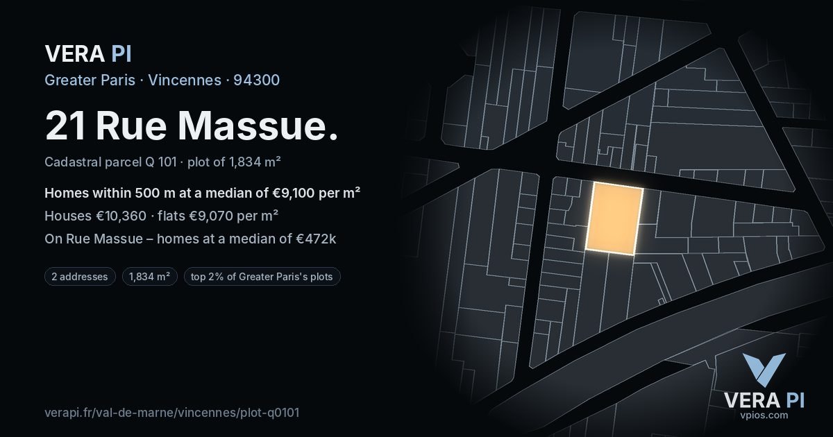 21 Rue Massue, Vincennes at night – the plot lit, the parcels around coloured by the prices near them